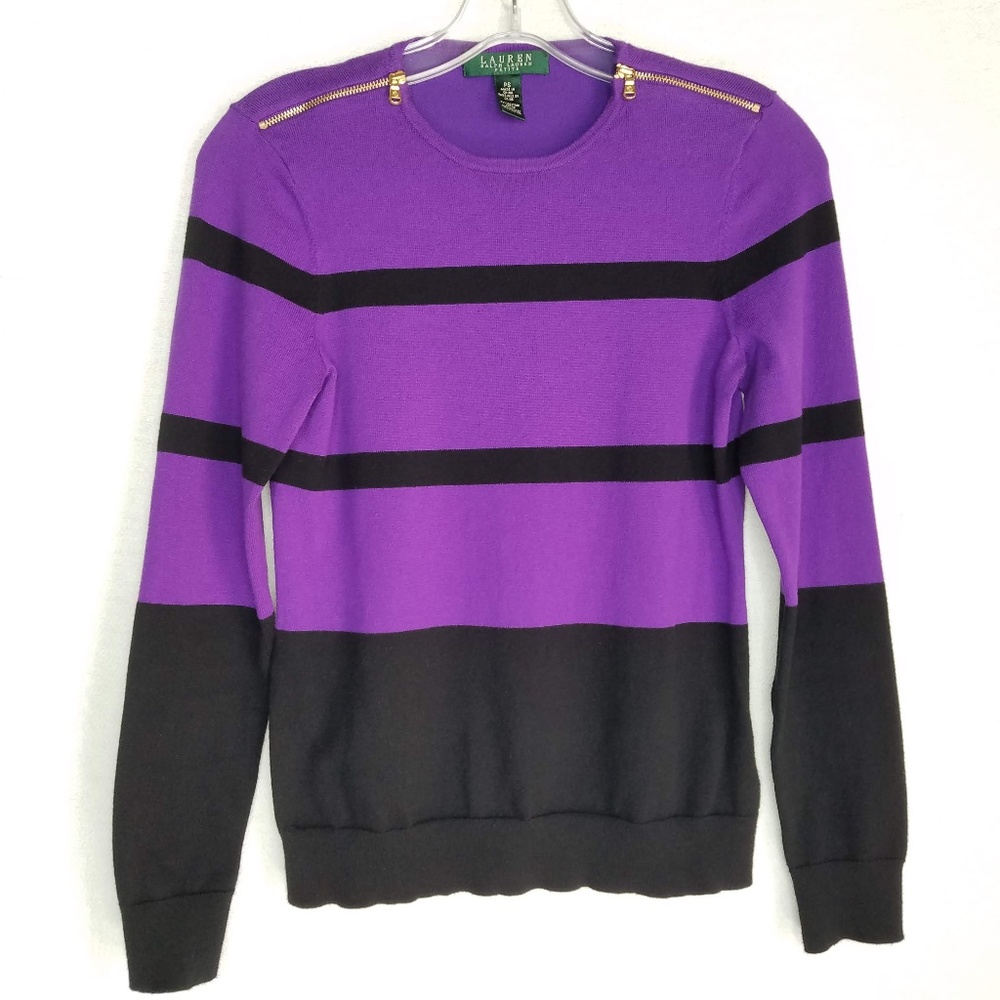 LRL Petites Striped Sweater Zip Shoulders